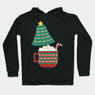 Decorated Christmas tree in a large Red Green mug with hot cocoa, whipped cream, marshmallow and striped candy cane Hoodie